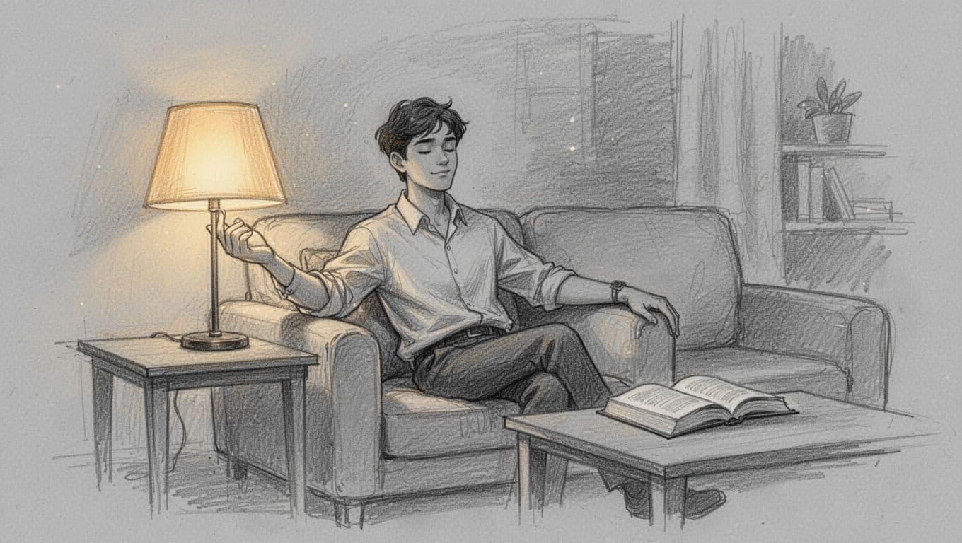 Hand-drawn graphite sketch of a single young professional in a cozy living room, dimming a warm lamp with one hand relaxed, book on table nearby, peaceful expression, no screens, monochromatic on light gray background.