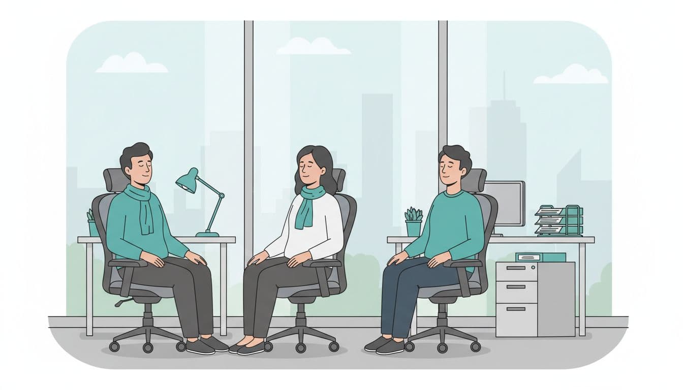 Grupo pequeño de tres contadores en oficina abierta de CDMX practicando respiración sincronizada durante pausa grupal, sentados en sillas de escritorio con ojos cerrados y manos relajadas, atmósfera unida con vistas a la ciudad.