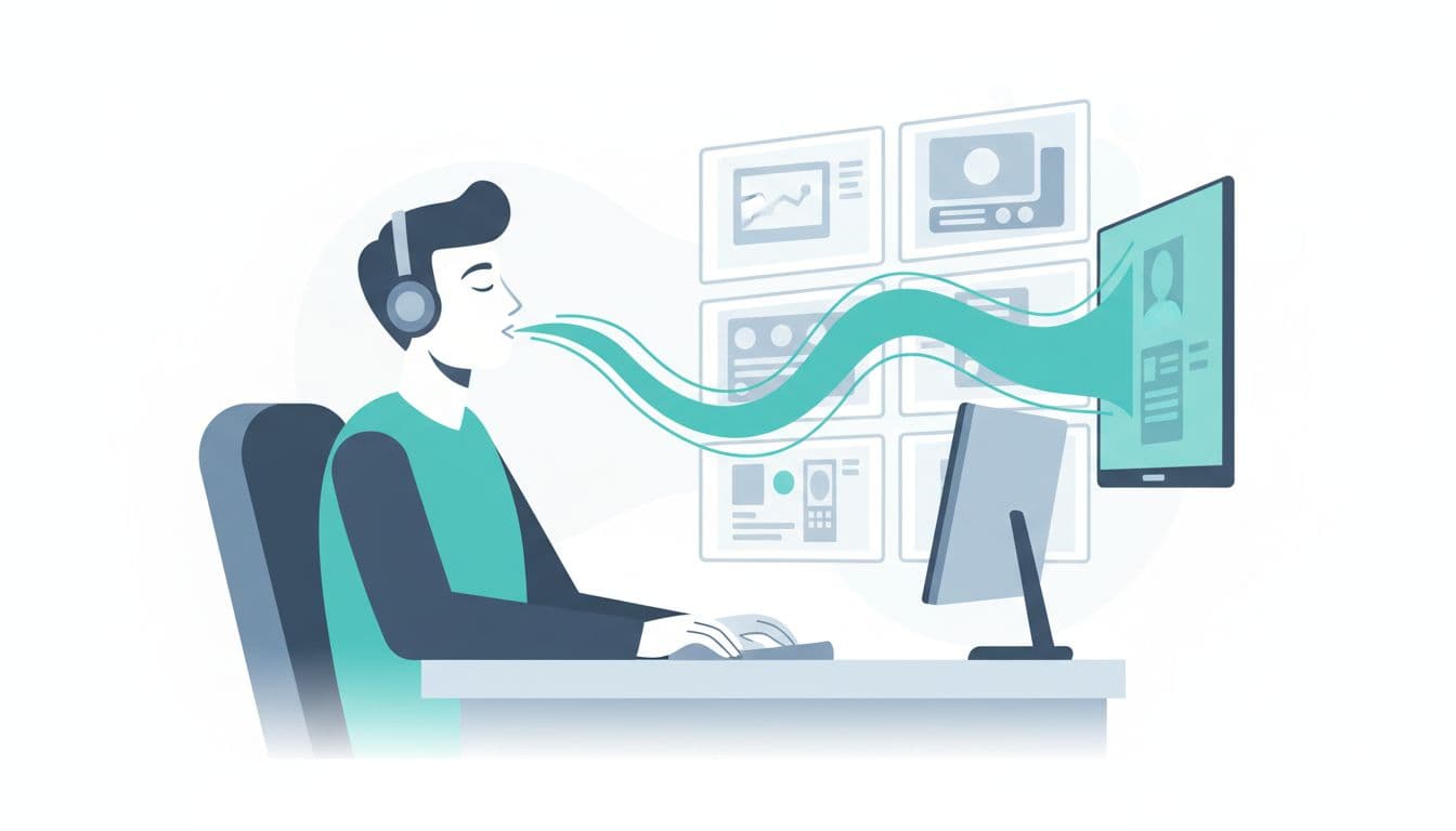 Ilustración editorial profesional de un agente de call center en CDMX guiando una micro-pausa de respiración grupal virtual, relajado con auriculares inhalando, fondo con equipo remoto y estética moderna limpia.