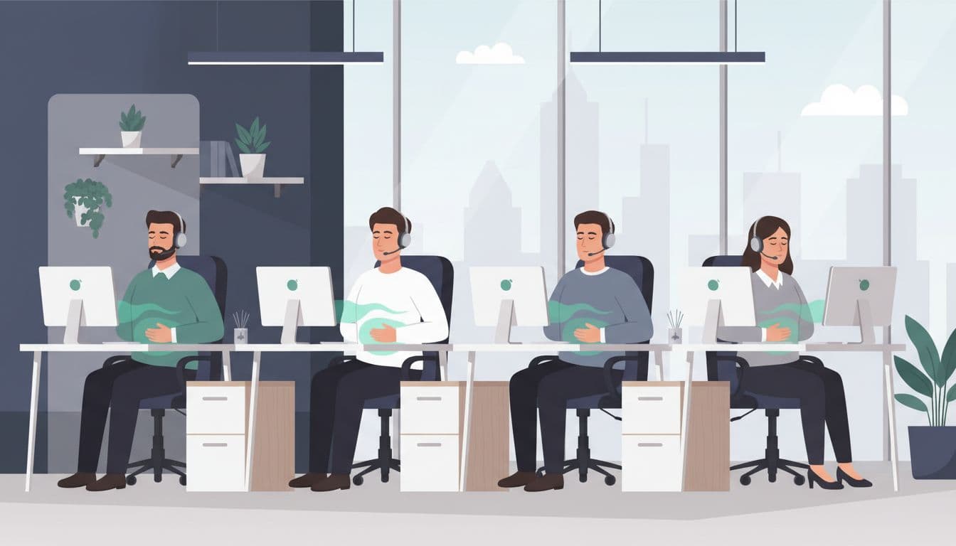 Ilustración editorial profesional y limpia de un call center en CDMX con cuatro agentes diversos en estaciones ergonómicas realizando micro-pausas de respiración, ojos cerrados y manos en el abdomen, en un ambiente de oficina moderna con auriculares y computadoras.