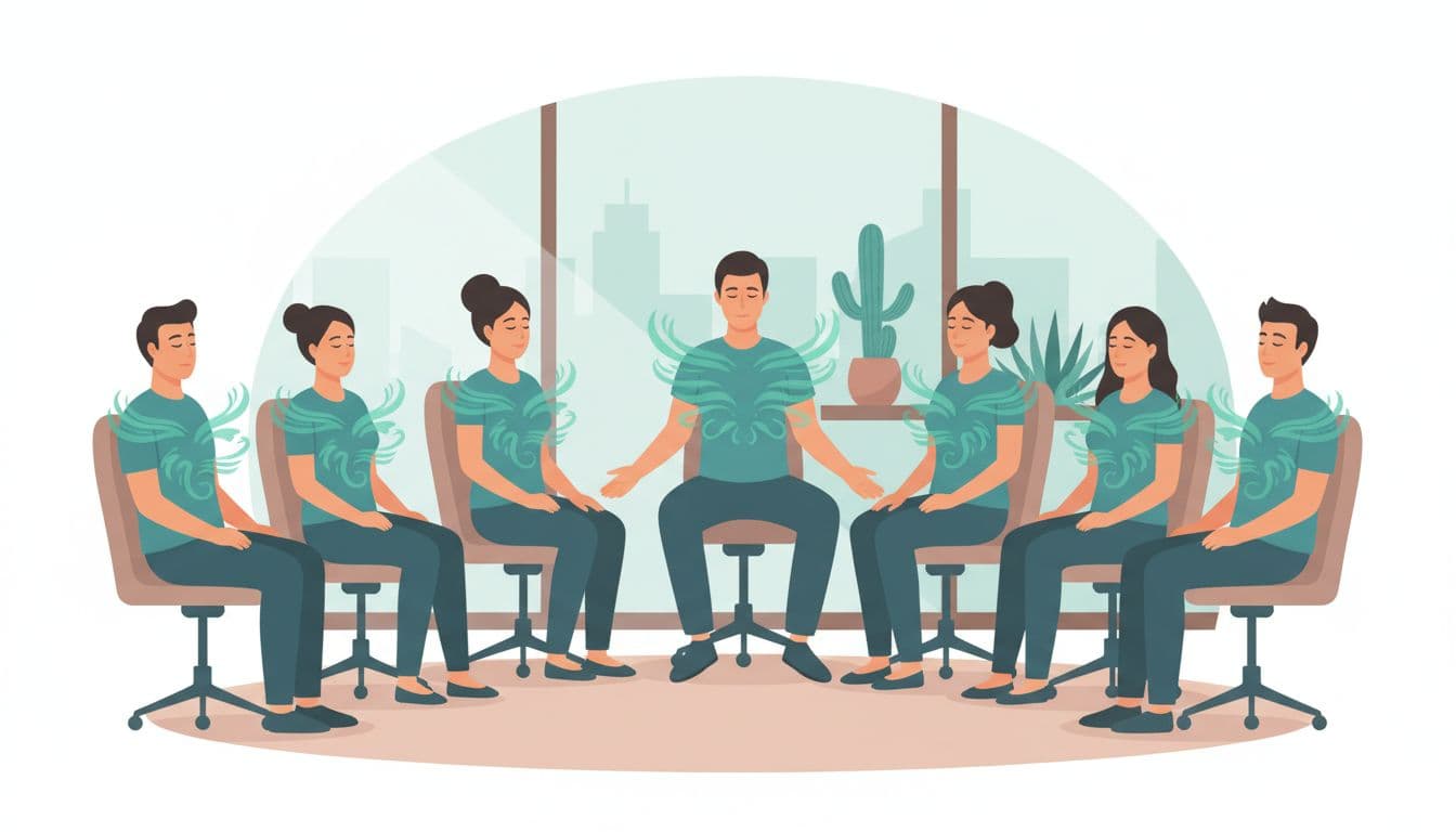 Eight calm team members sit in office chairs with hands on knees during guided breathwork session, facilitator leading, subtle cactus and skyline background.