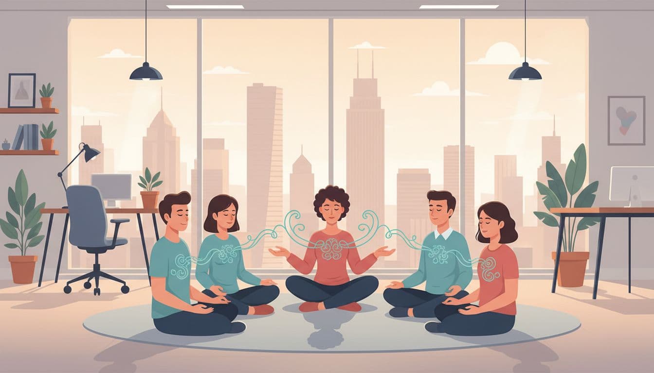 Modern illustration of four employees in a relaxed CDMX corporate office practicing guided breathwork in a circle, with skyline visible through the window, clean shapes, warm lighting, and teal accents on breathing elements.