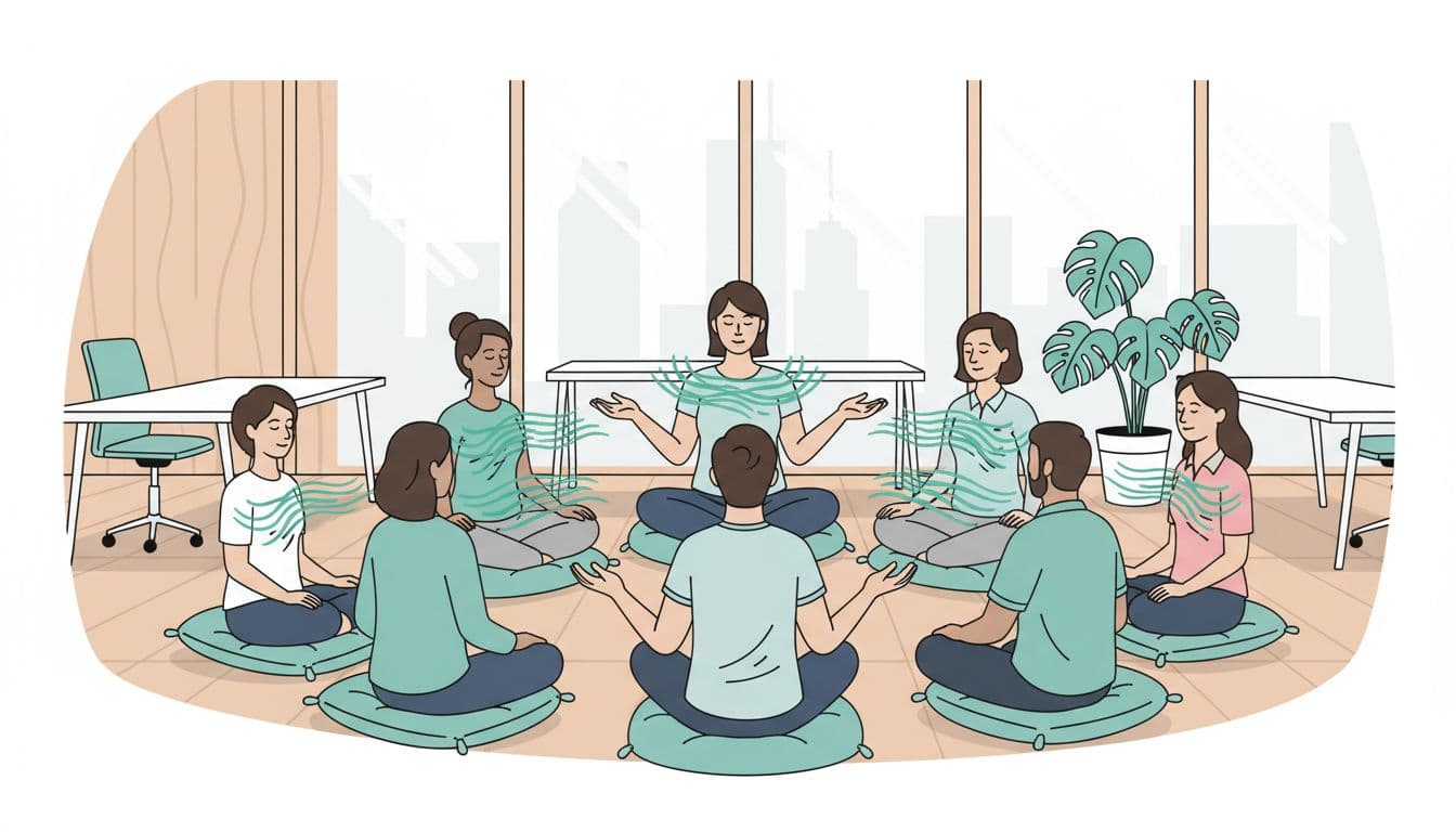 Ilustración moderna de cinco empleados diversos en sala de conferencias de edificio corporativo en CDMX, sentados en círculo con ojos cerrados y manos en las rodillas durante una sesión grupal de breathwork guiada por un facilitador, con ondas de respiración en acento teal y fondo minimalista de oficina.