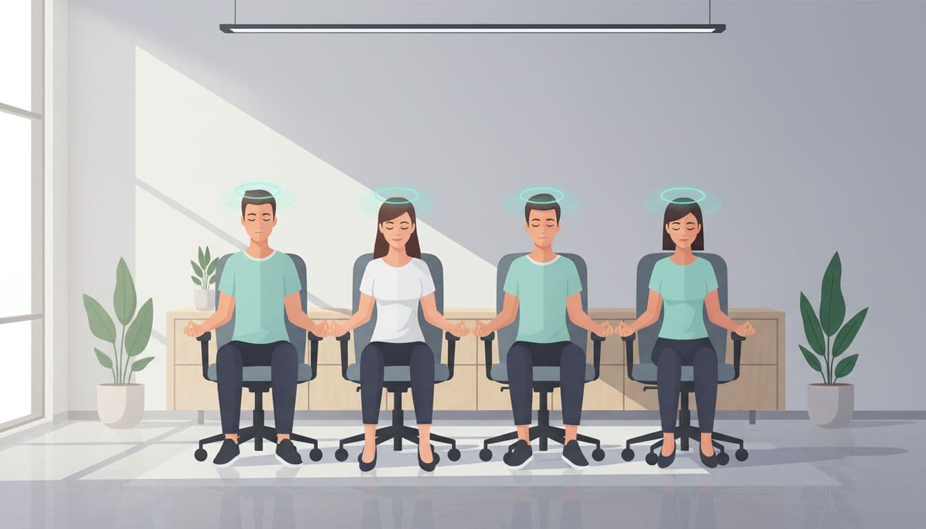 Equipo de oficina diversa en CDMX meditando en silencio, sentados en sillas erguidas con manos en rodillas y ojos cerrados, en una sala de conferencias minimalista con plantas y atmósfera serena.