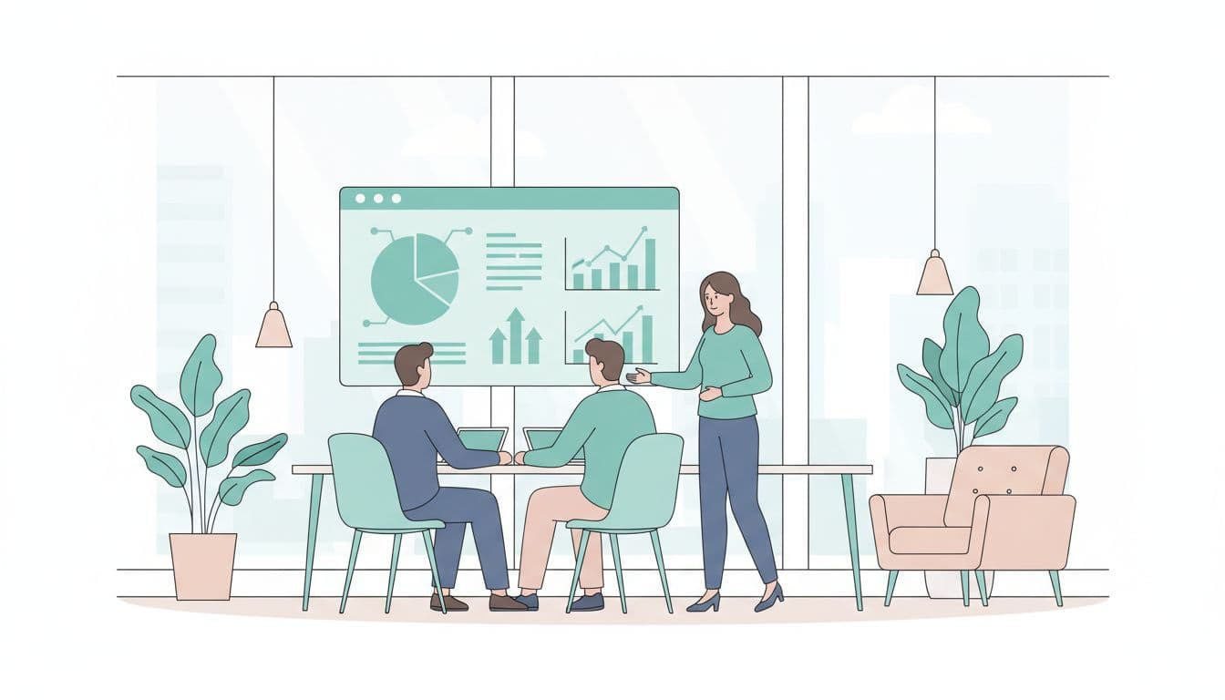 Three executives in Mexico City office examine simple dashboard with positive stress reduction graphs.