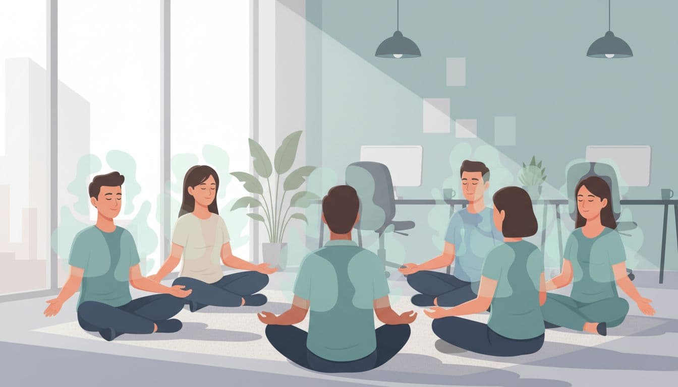 Six diverse people sit in a circle in a modern CDMX office practicing guided breathwork with relaxed hands and natural light.