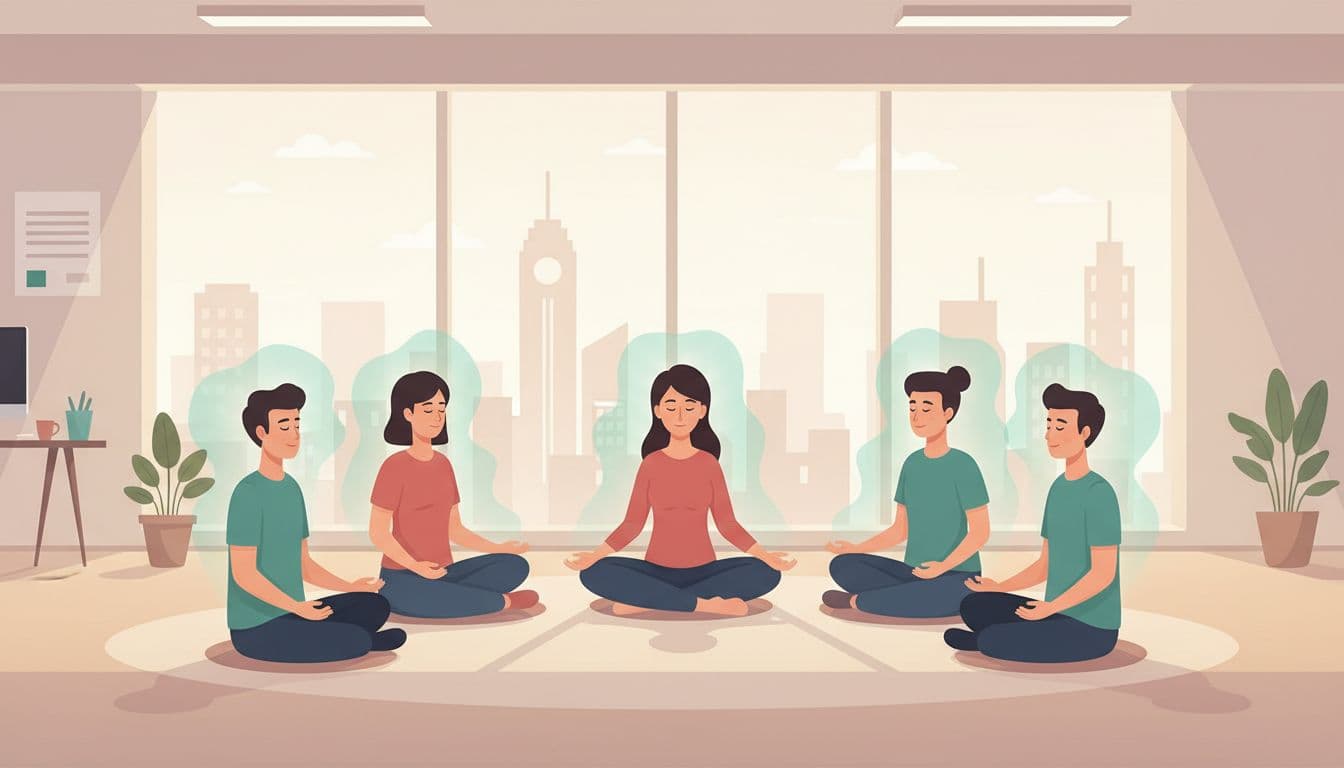 Four employees and facilitator sit in circle in bright meeting room practicing guided breathwork with relaxed hands.