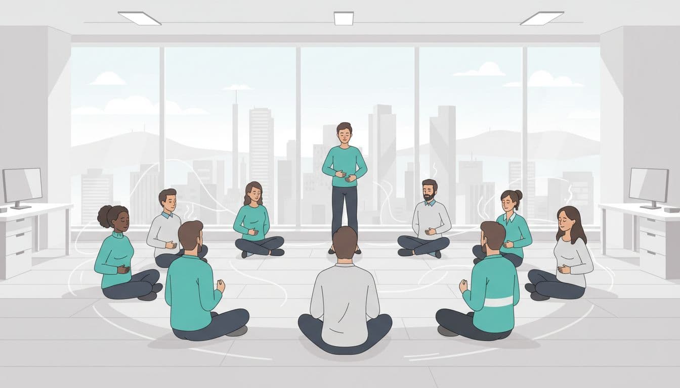 Eight diverse professionals in circle in modern CDMX office practice breathwork, hands on abdomens, eyes closed.