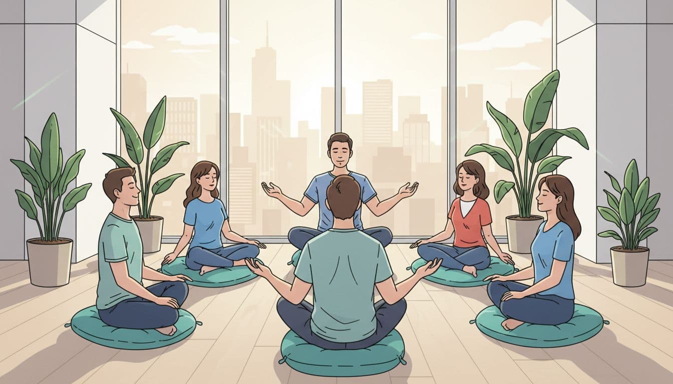 Modern illustration of four employees and one facilitator seated in a circle in a serene CDMX boardroom, eyes closed and breathing guided with relaxed hands, featuring plants, city view, teal accents, and soft lighting.