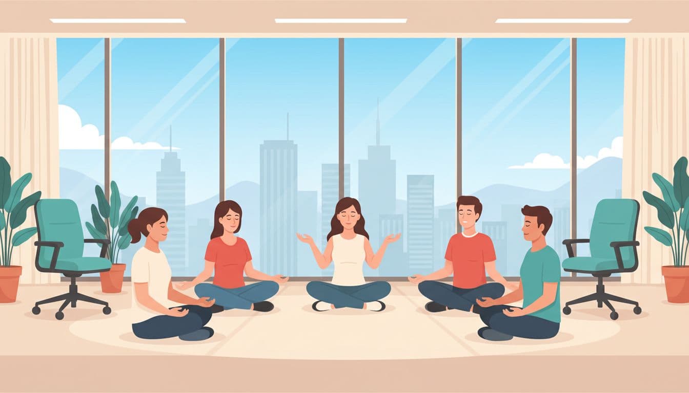 Modern illustration of five diverse office workers—two women and three men—seated in a circle in a bright CDMX conference room for a guided breathing session, with a calm facilitator gesturing in the center, eyes closed, hands relaxed, skyline view, teal accents, warm tones, and soft lighting.