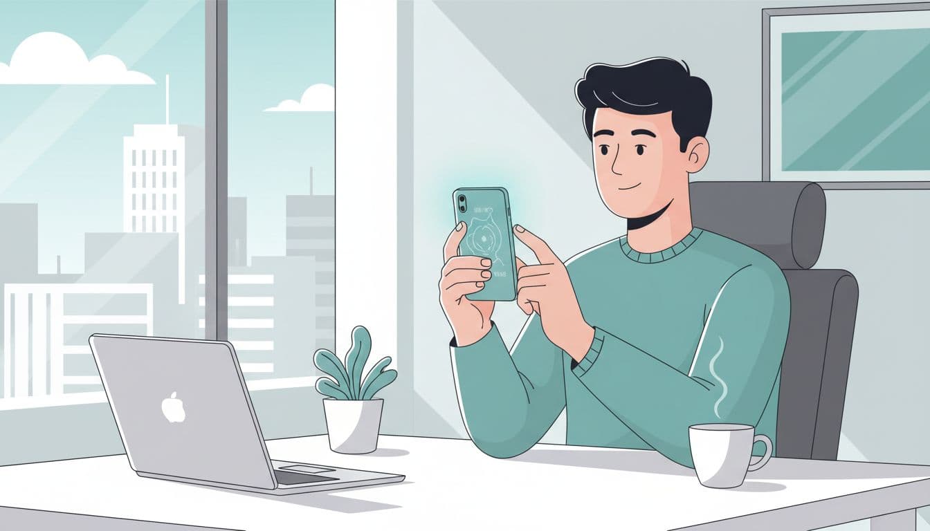 Un empleado solo en una oficina moderna de CDMX practica respiración guiada con una app en su teléfono sobre el escritorio con laptop cerrada y taza de café, expresión calmada con vista al skyline urbano.