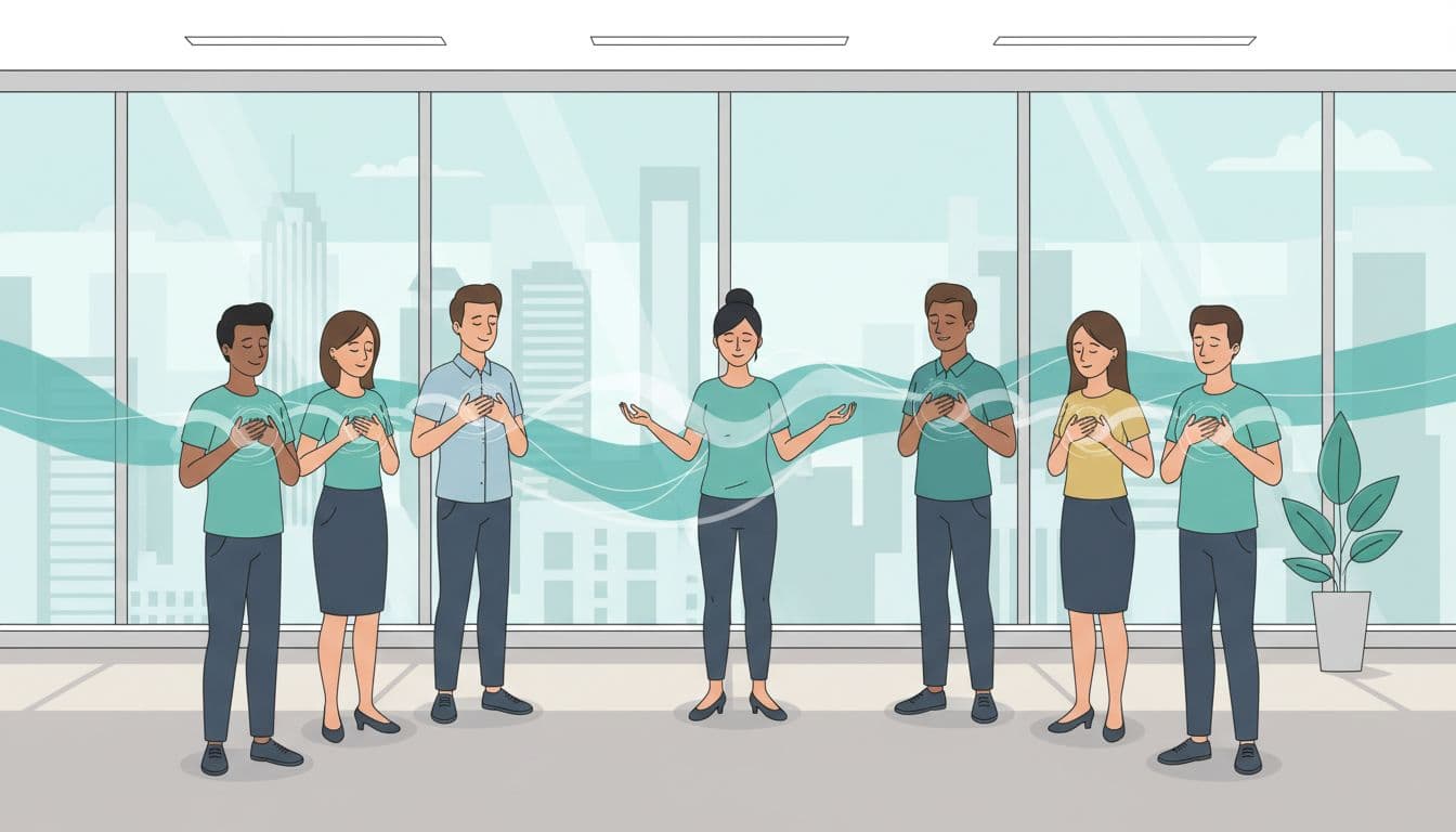 Eight diverse office workers stand in a circle in a modern CDMX corporate office, eyes closed during guided breathwork led by a facilitator, with teal wave accents and skyline view.