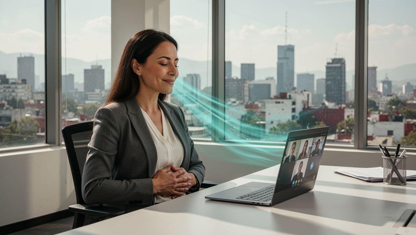 Persona sola en oficina con vista al skyline de CDMX, sentada ante laptop con Microsoft Teams, realizando micro-pausa de respiración profunda con manos en abdomen y expresión de alivio y calma.