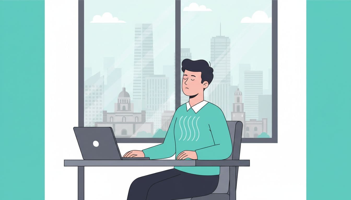 Seated professional at desk with closed laptop, eyes closed breathing deeply with soft teal waves, hands relaxed on lap, CDMX skyline through window.
