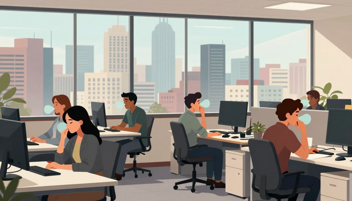 Modern illustration of a diverse office team in CDMX taking short anti-stress breathing pauses during the workday, with relaxed expressions at desks and the city skyline through windows.