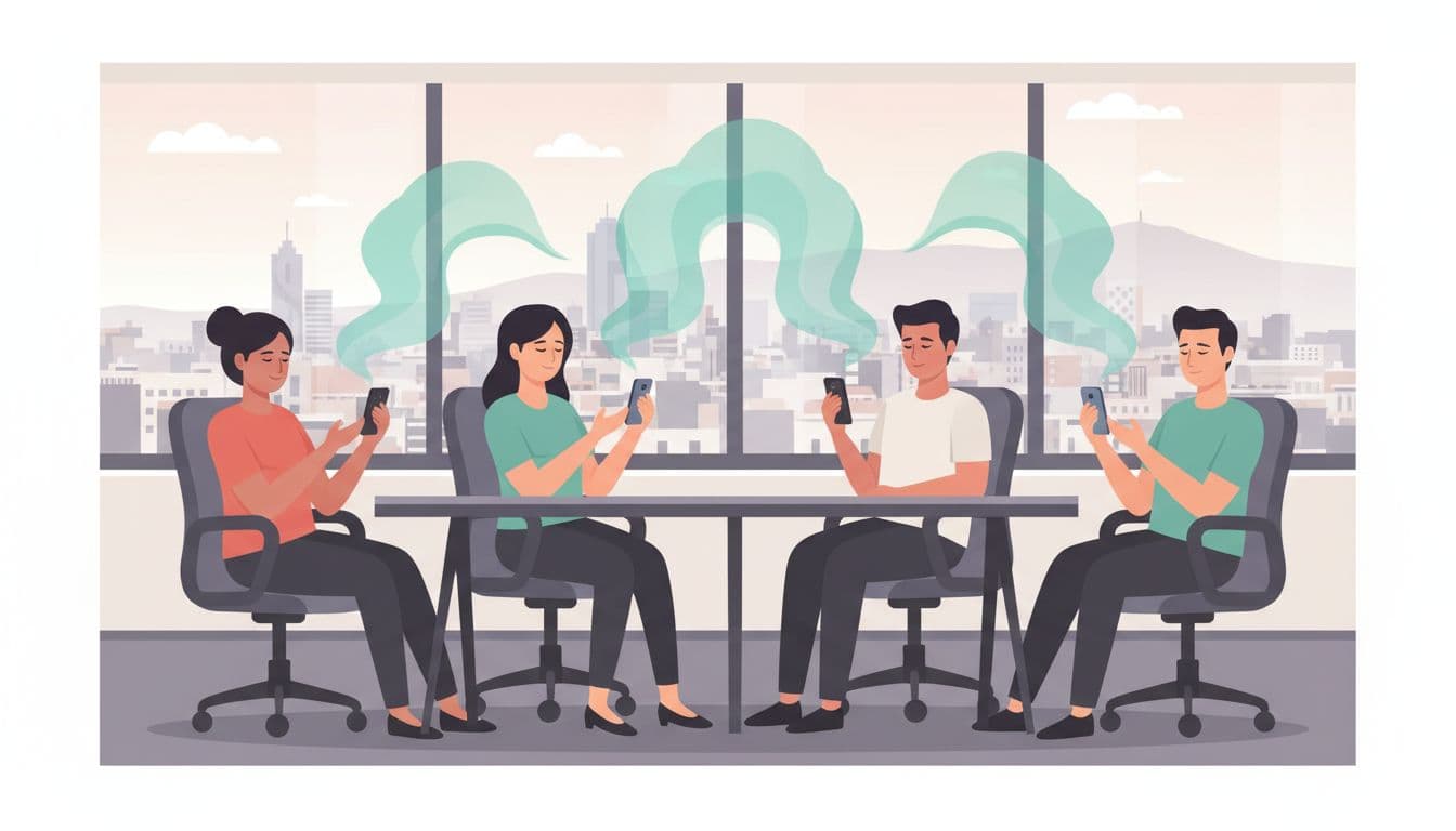 Four diverse professionals in CDMX office hold phones with serene faces and subtle breath waves.