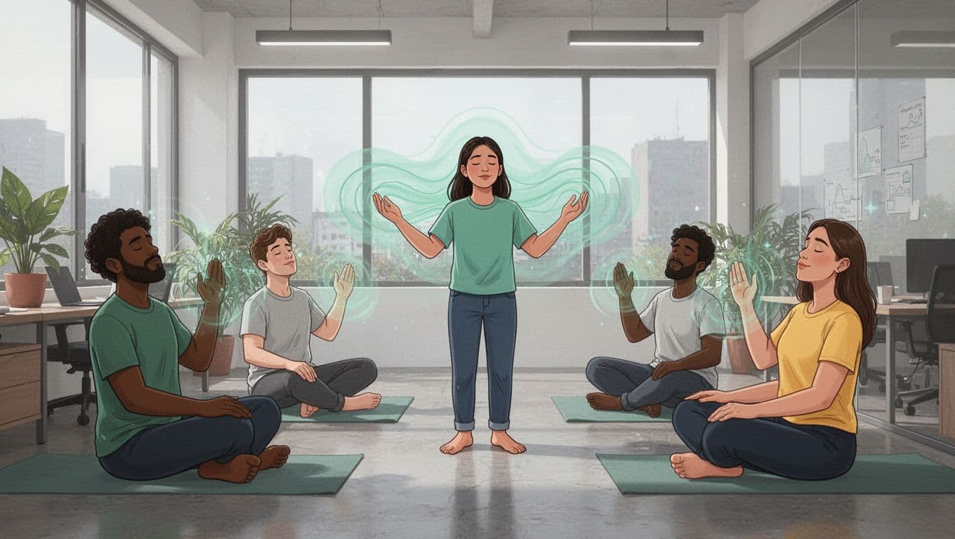 Illustration of a diverse office team in a modern CDMX workspace practicing guided breathing exercises during a break, led by one facilitator, with relaxed expressions, soft natural light, and subtle wave accents.