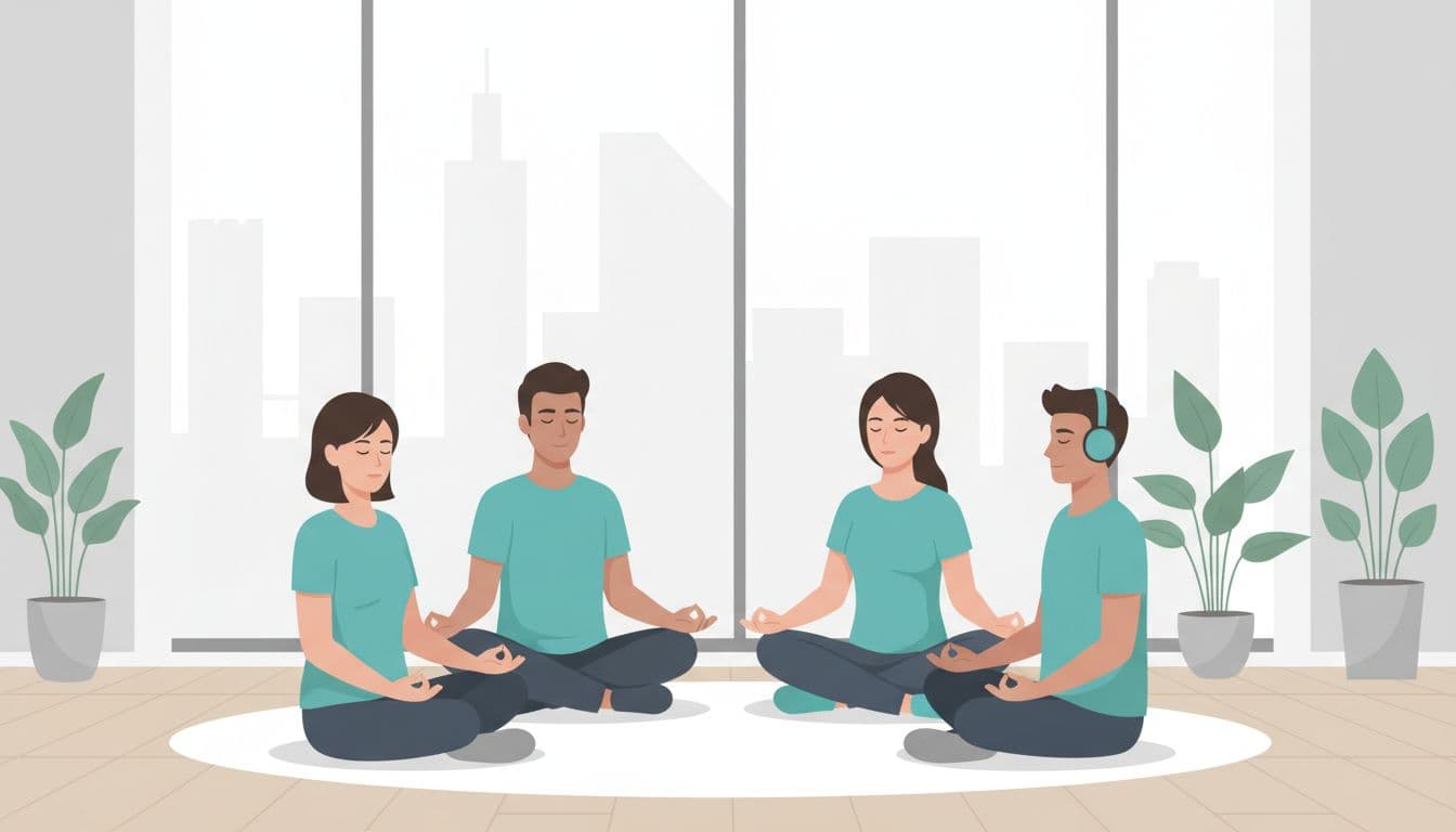 Modern illustration of a diverse group of four office workers in CDMX sitting in a circle in a minimalist conference room, eyes closed and breathing calmly post-breathwork session, with subtle skyline background and soft lighting.