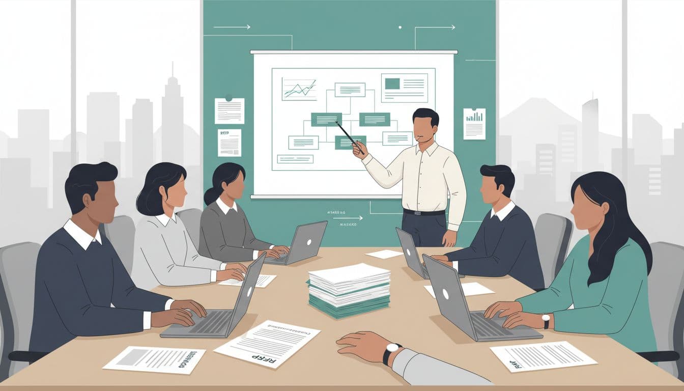 Ilustración moderna de un equipo en oficina contemporánea de CDMX con skyline al fondo, revisando documentos RFP sobre bienestar corporativo en una mesa con laptops y papeles. Una persona principal presenta con iluminación natural suave, formas limpias y acento en color #14B8A6.