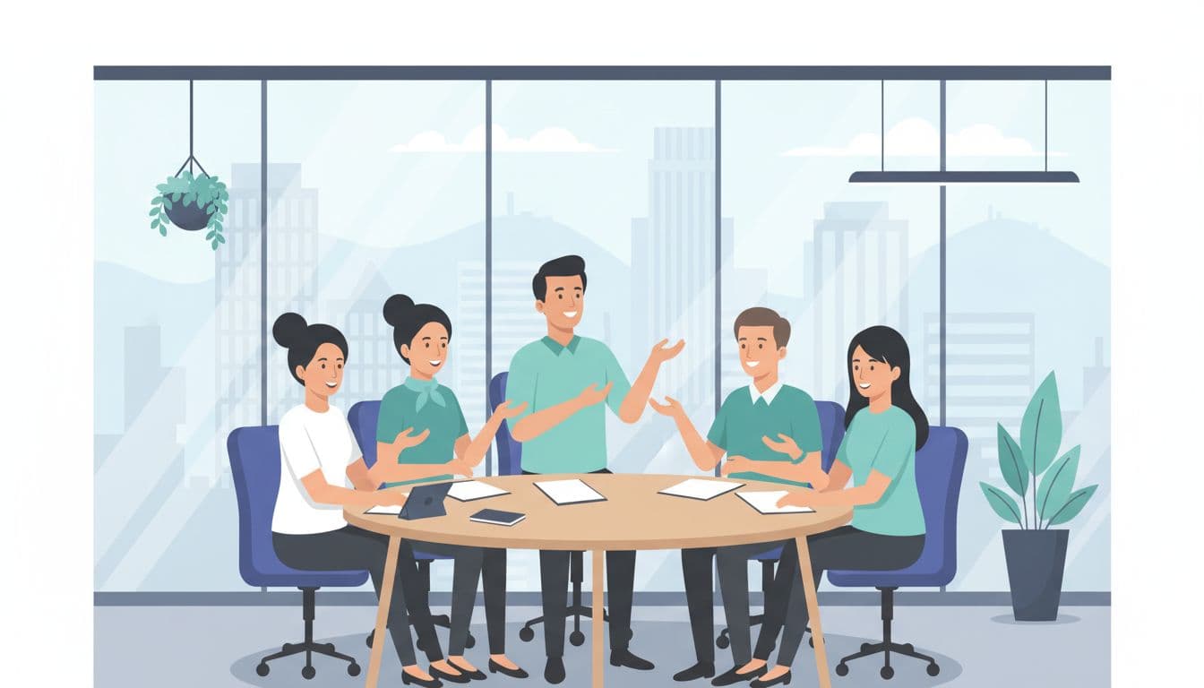 Five diverse smiling office workers collaborate animatedly in modern corporate space with city views.