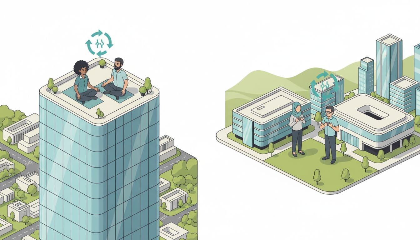 Two groups of two diverse office workers in Polanco high-rise and Santa Fe campus take breathing breaks with closed eyes, viewed from above.