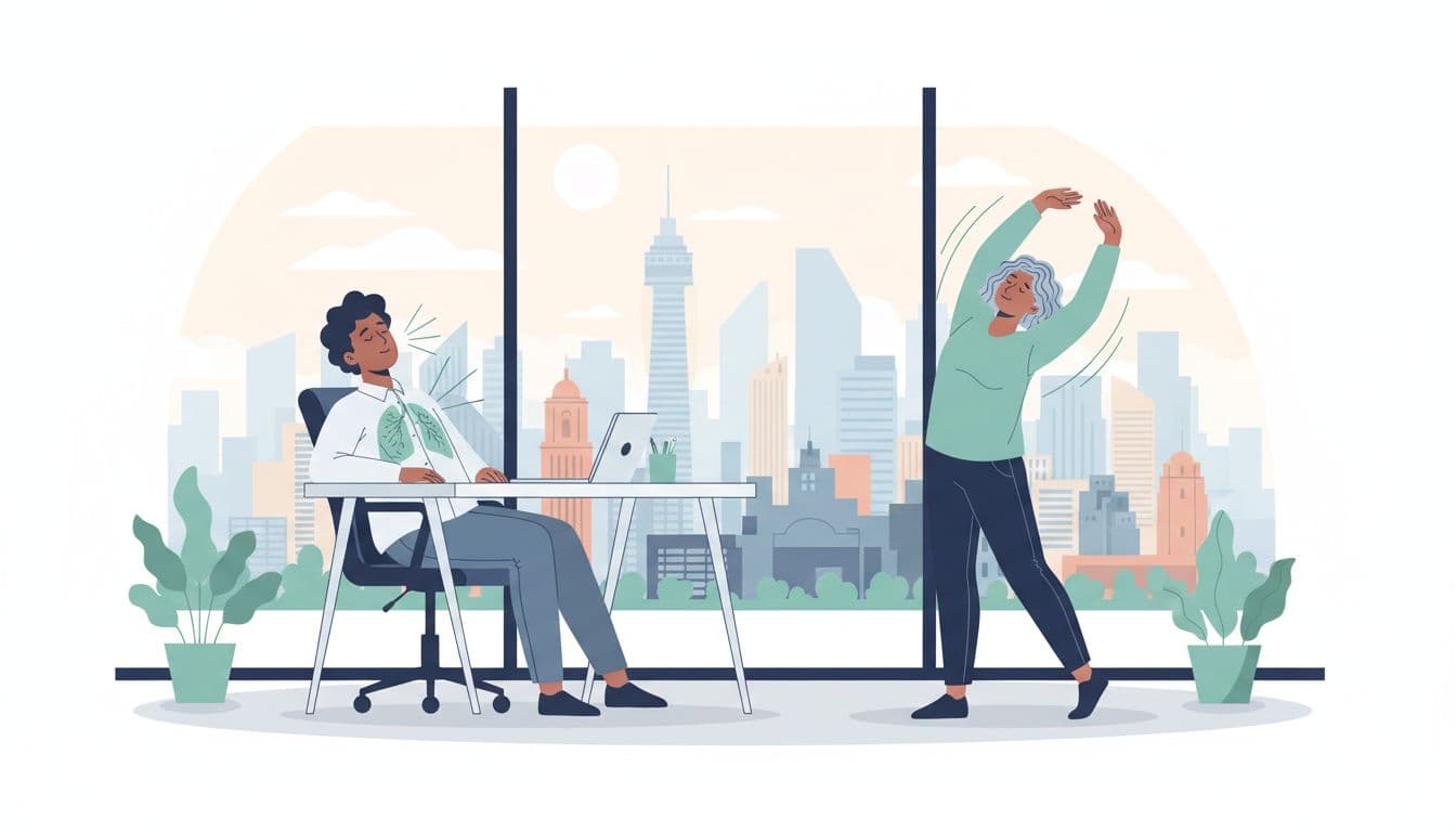 Two diverse workers in high-rise office: one inhales deeply at desk eyes closed, another stretches arms by window with skyline view.