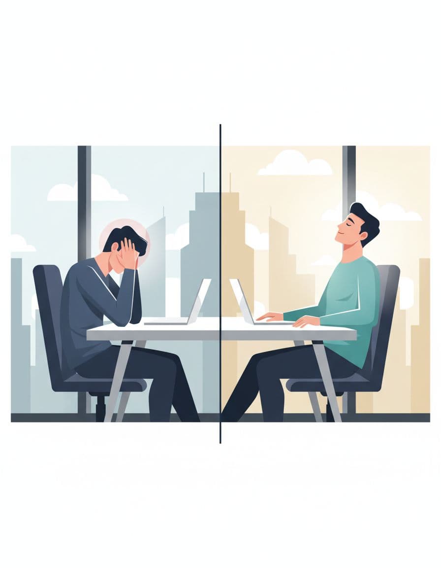 Modern illustration of a stressed professional at a CDMX high-rise desk transforming to calm via micro-pause breathing, subtle before-after split with clean shapes and teal glow on calm side.