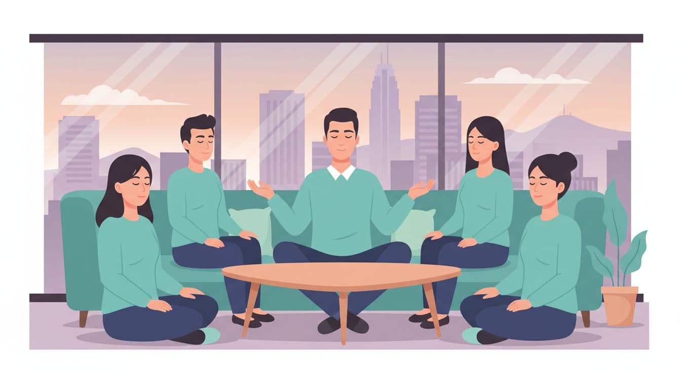 Grupo de cuatro vendedores en oficina moderna de CDMX con vista a skyline urbano, sentados alrededor de una mesa baja practicando micro pausa de respiración guiada. Ojos cerrados, manos relajadas sobre rodillas, posturas erguidas y calmadas con expresiones serenas, uno guiando con manos abiertas.
