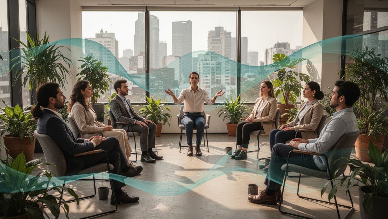 Grupo pequeño de seis colegas en taller corporativo en CDMX aprendiendo micro-pausas de respiración, con facilitador guiando calmado, todos sentados en círculo relajados inhalando en ambiente luminoso con plantas y vistas urbanas.
