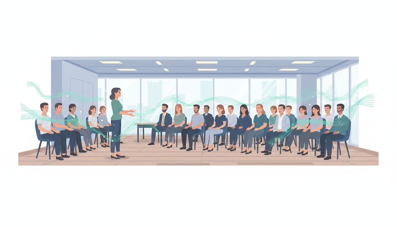 Twenty diverse employees in conference room follow instructor-led breathwork, calm focused expressions, panoramic side view.