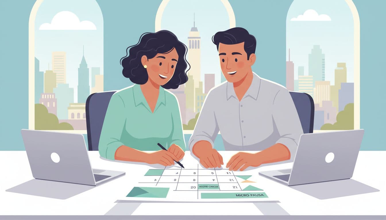 Profesionales en una oficina luminosa de CDMX revisan un calendario para planificar micro-pausas iniciales, con expresiones concentradas y positivas.