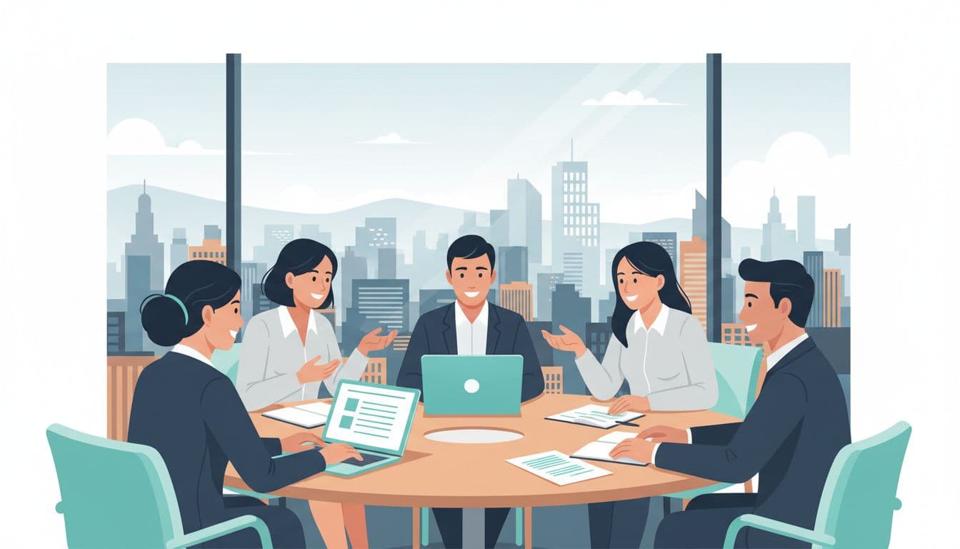 Six diverse professionals sit around a table in modern CDMX office, discussing ideas with skyline view.