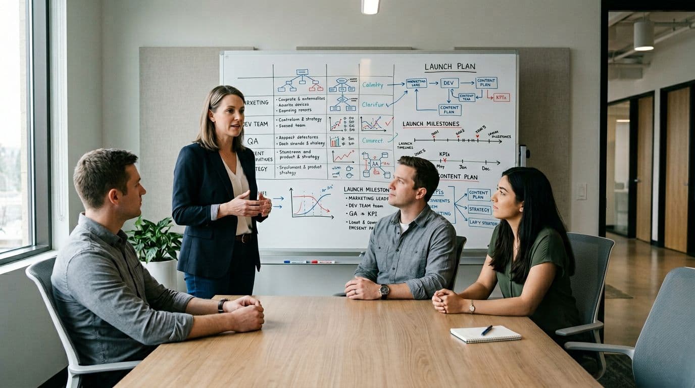 A CEO clarifies roles to three attentive team members in a small meeting room during product launch preparation, with a whiteboard showing a decision matrix, calm focused energy, soft office lighting, and exactly four people.