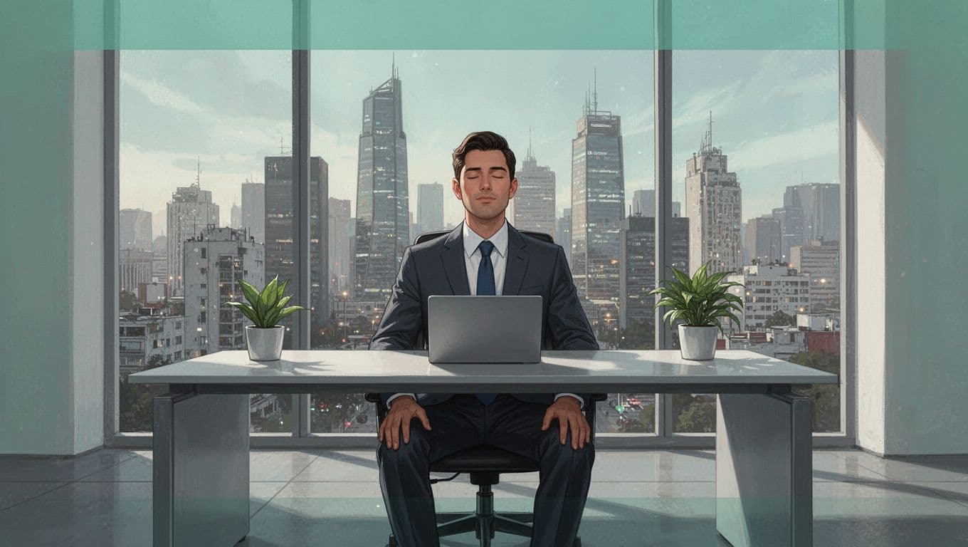 A busy CEO sits calmly at his desk in a modern Mexico City office with skyline view, eyes closed during a micro breathing pause, hands relaxed on knees, accented by a green plant.