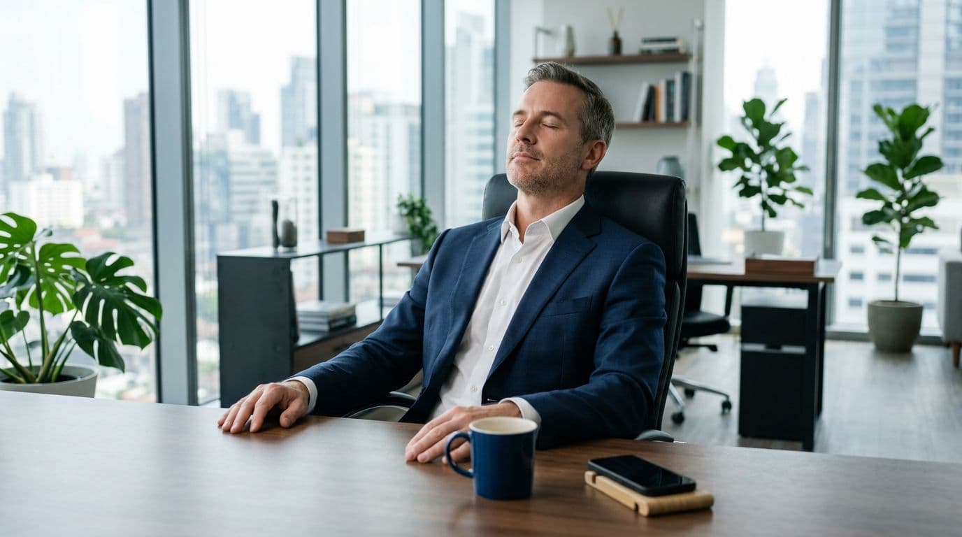 A single CEO sits at a desk in a modern office, taking a deep breath with eyes closed and a relaxed expression, accompanied by a coffee mug and phone. Soft natural window light illuminates the realistic photography-style scene with no other people or text.