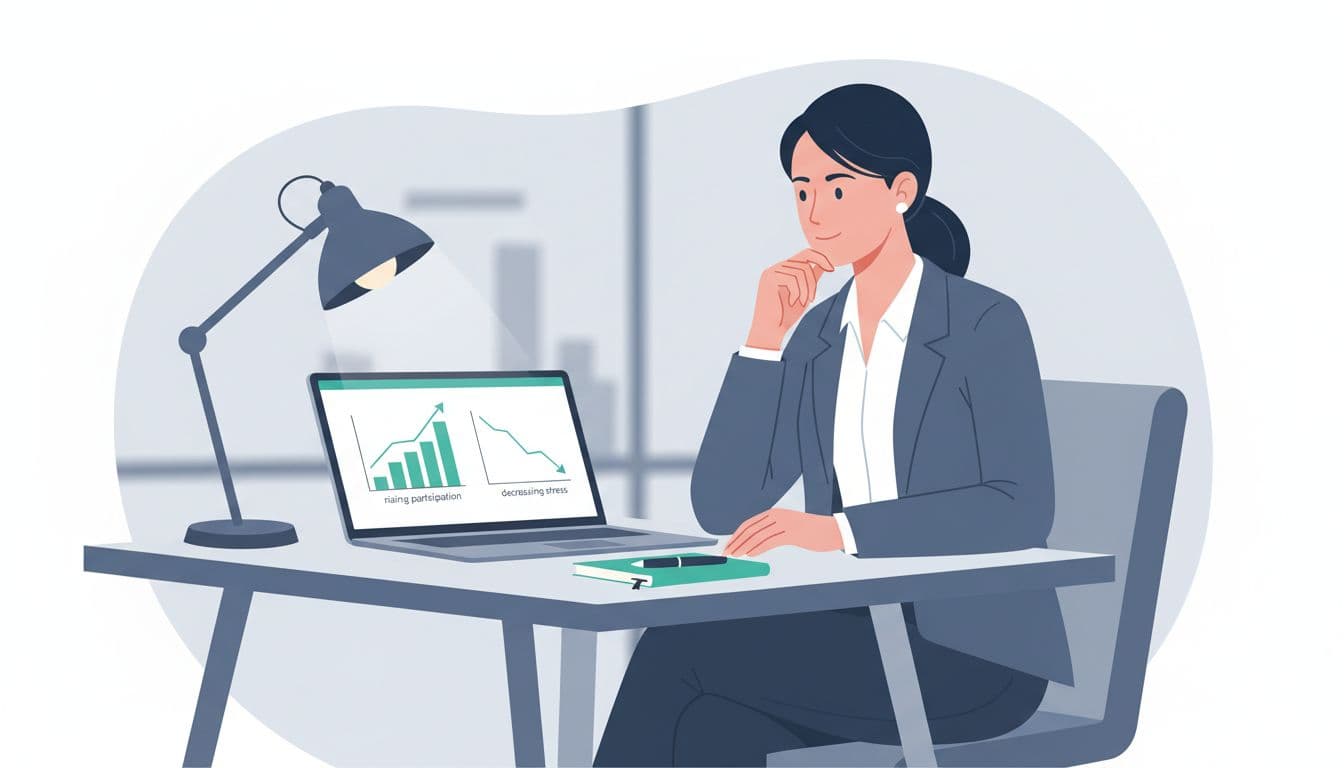 Modern illustration of a confident female CEO at her office desk, viewing laptop screen displaying abstract charts for breathwork program KPIs like rising participation and decreasing stress.