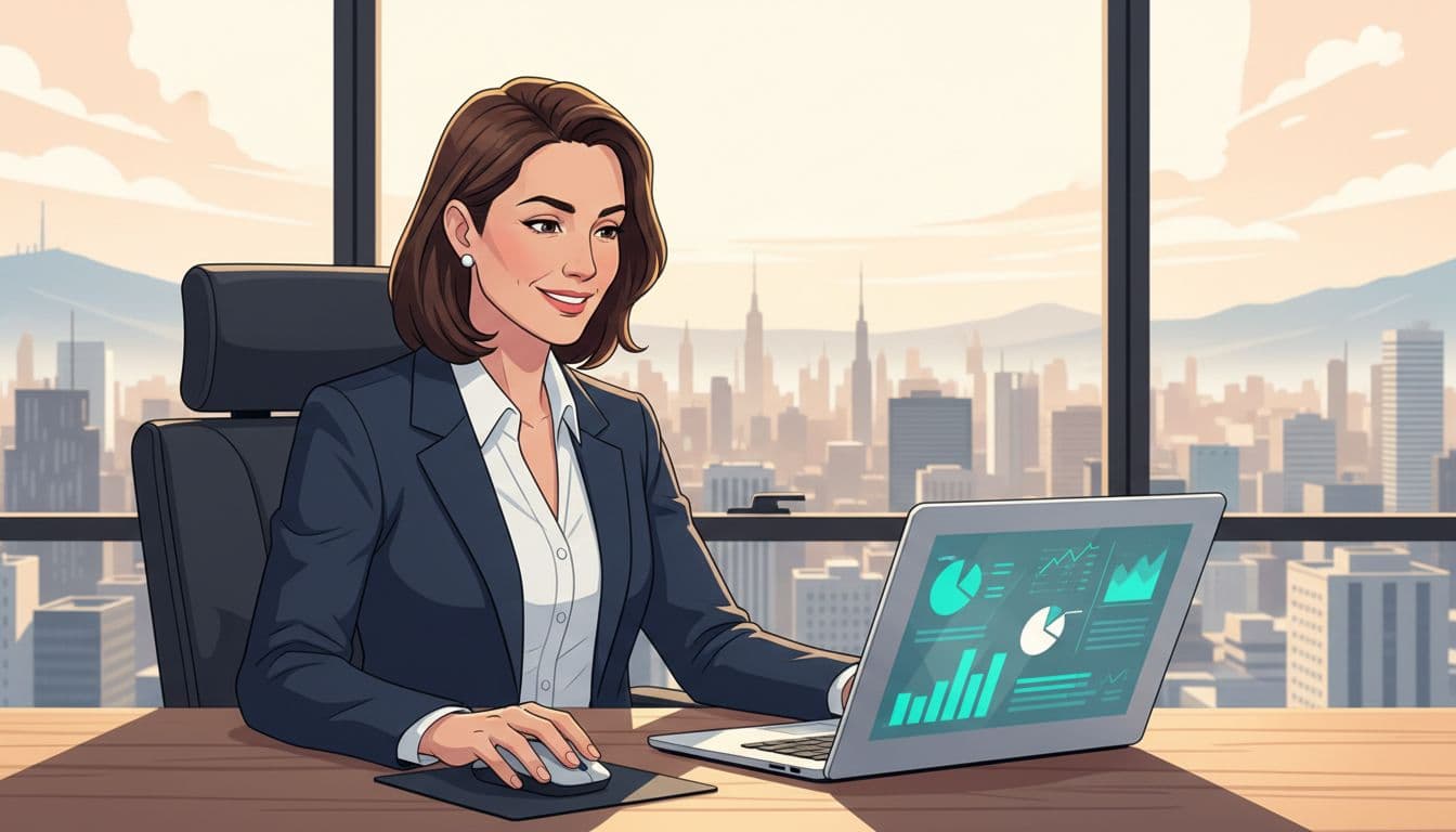Modern illustration of a satisfied CFO analyzing a wellness metrics dashboard on a laptop in an executive Mexico City office with city view, featuring professional colors with teal accents in graphs, clean composition, and warm lighting.
