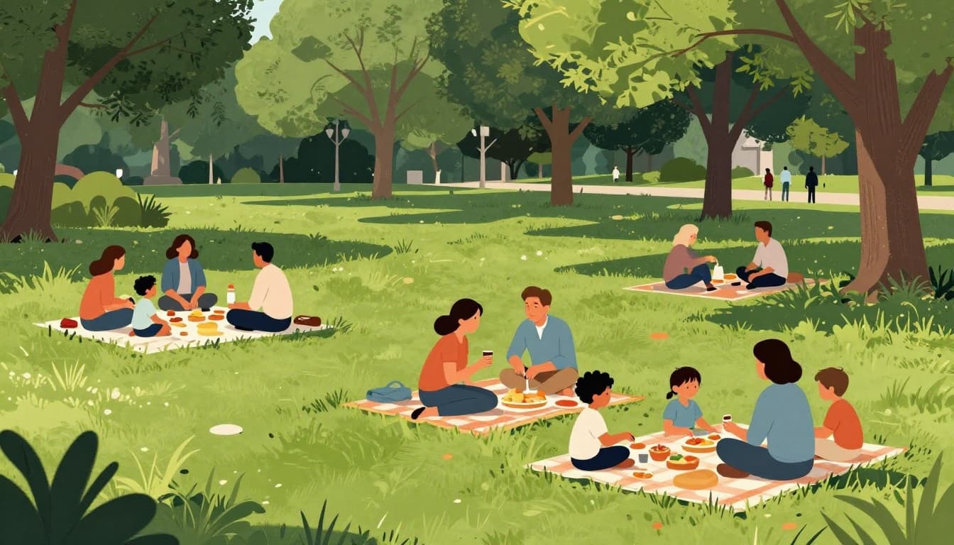 Modern illustration of families on blankets enjoying low-risk games and snacks at a relaxed corporate picnic in Chapultepec Park, Mexico City, with green trees, sunny lighting, and clean shapes.