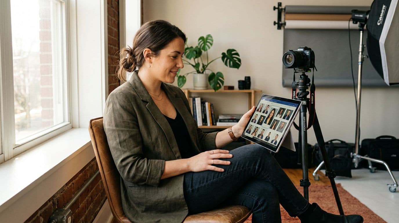 Confident photographer in modern Cherry Hill NJ studio reviewing headshot session results on tablet with relaxed pose, natural window light, and simple background with camera equipment.