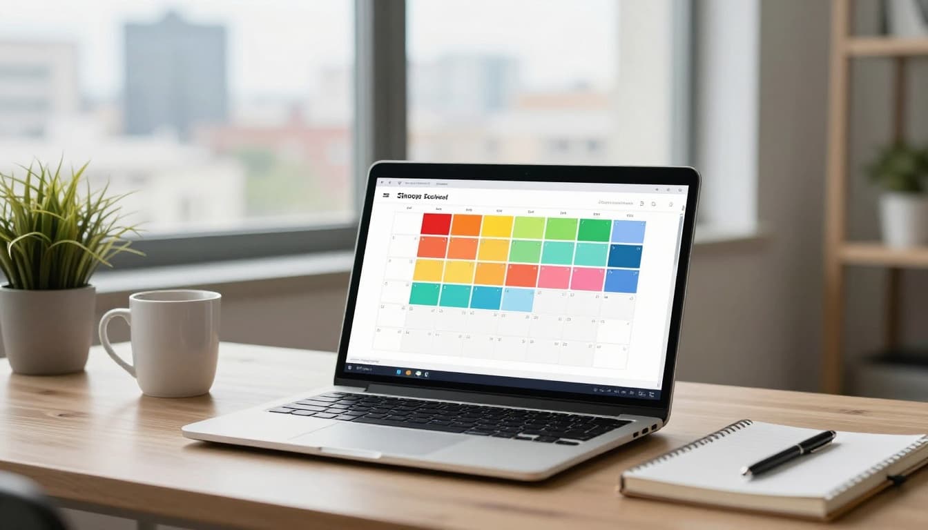 Photorealistic landscape of a minimalist office desk with an open laptop showing a color-coded calendar for focus time, 25-minute meetings, and recovery breaks. Accompanied by coffee mug, notebook, plant, and a cityscape view through the window, creating a relaxed, organized professional atmosphere with natural daylight.