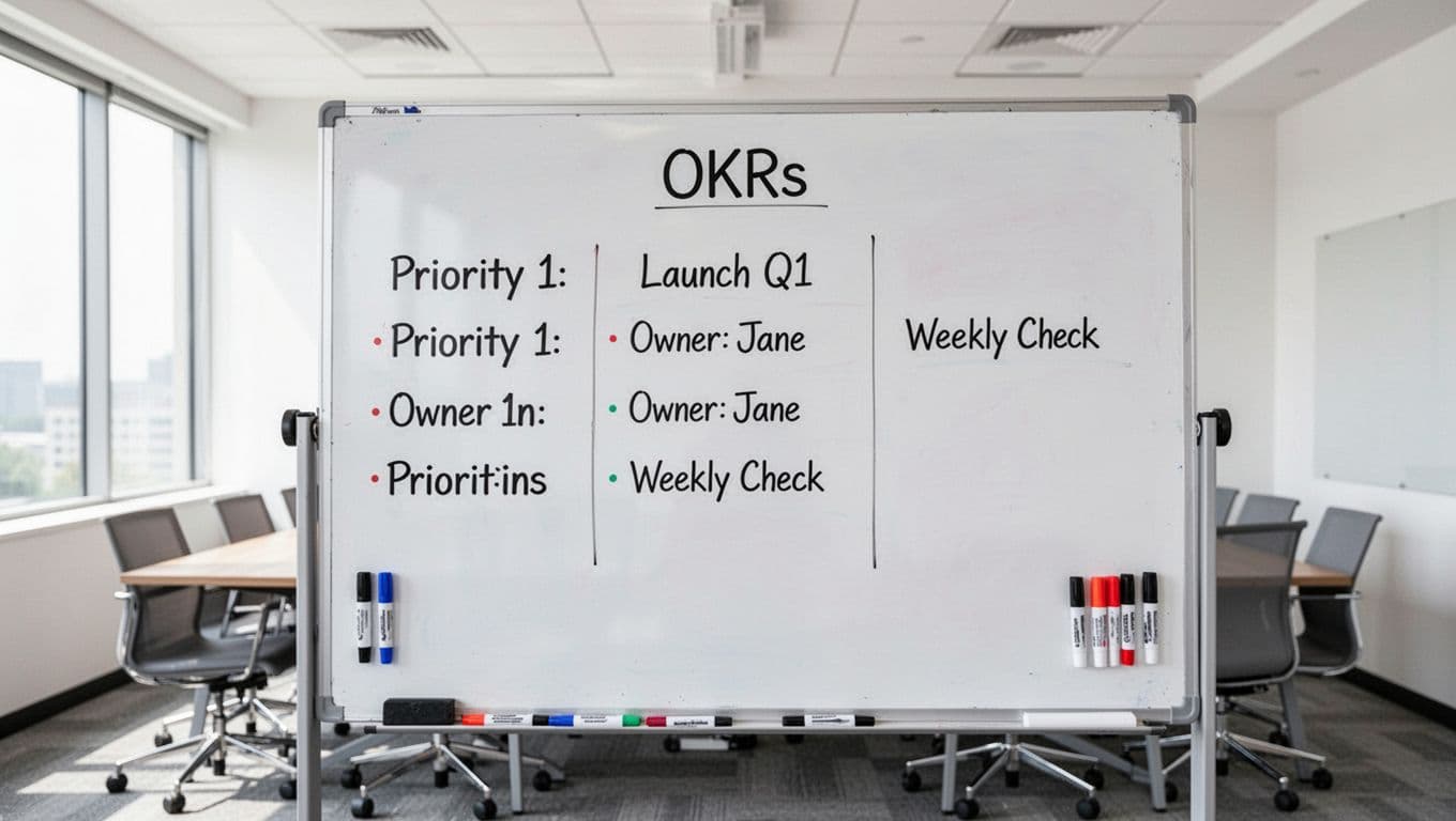 A clean office whiteboard lists simple OKRs featuring three priorities with owners and check-ins, markers nearby, and an empty meeting room in the background. Photorealistic minimalist style with bright natural light, sharp focus on board content, no people or clutter.