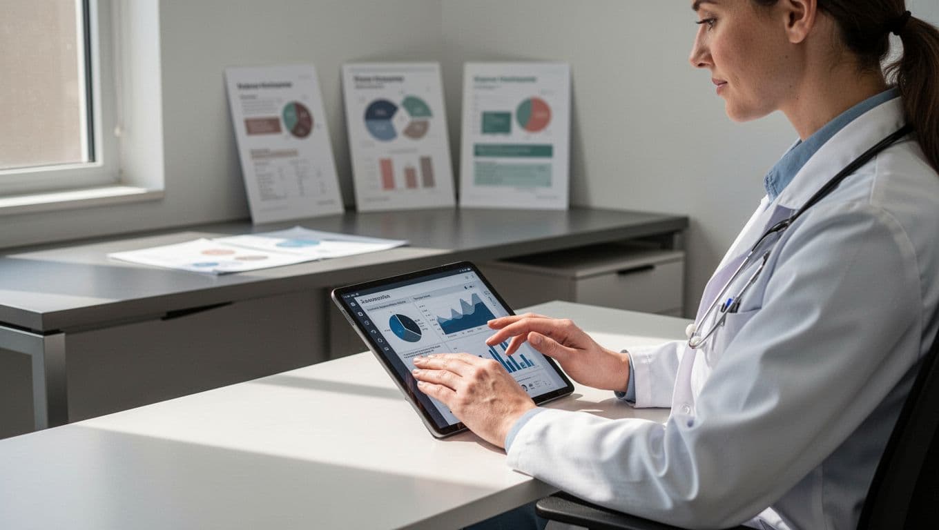 A single clinician in a modern clinic, seated relaxed at a desk, reviews a patient outcomes report on a tablet with visible charts but unreadable text, under soft window light.