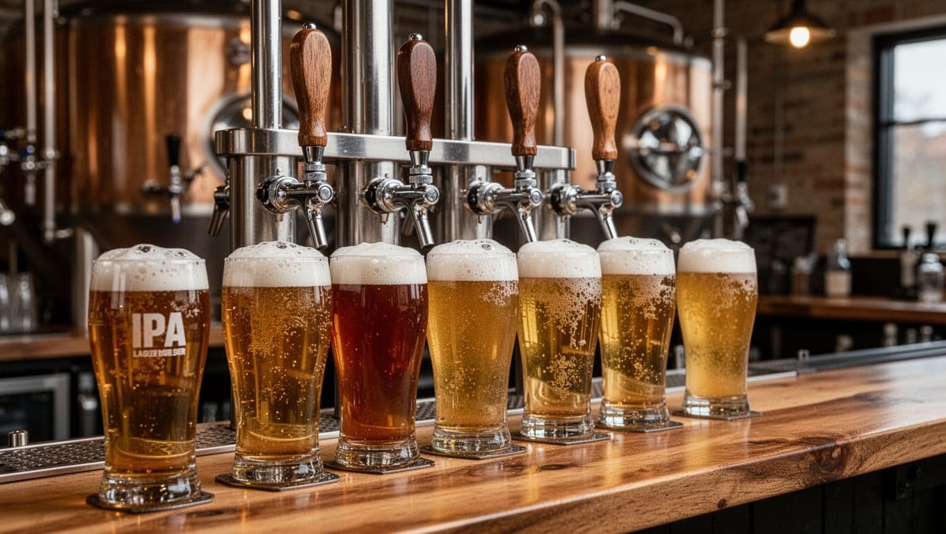 Licencia de licor en Florida: la guía clara para servir, vender y disfrutar (2026) 4 Close-up of four craft beer tap handles in a brewery with glasses of IPA and lager, foam details on a wooden bar counter under soft lighting, high detail realistic style, no people or labels.
