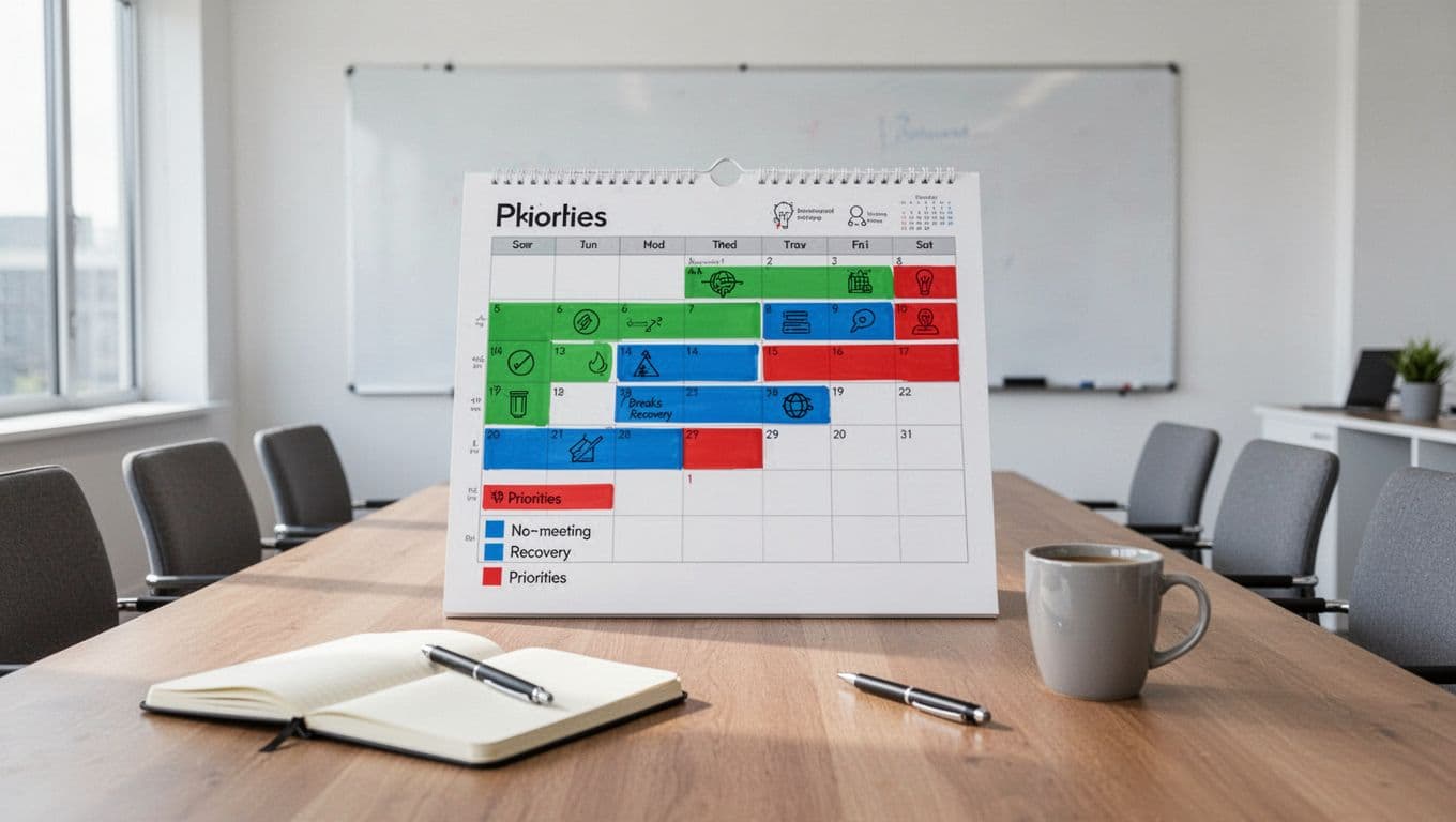 Photorealistic landscape image of a simple wall calendar with colored blocks for no-meetings (green), breaks (blue), priorities (red), and focus work (white) in a bright office conference room. An open notebook with pen and coffee mug on the table, clean modern background with whiteboard and chairs, conveying an organized balanced workday.