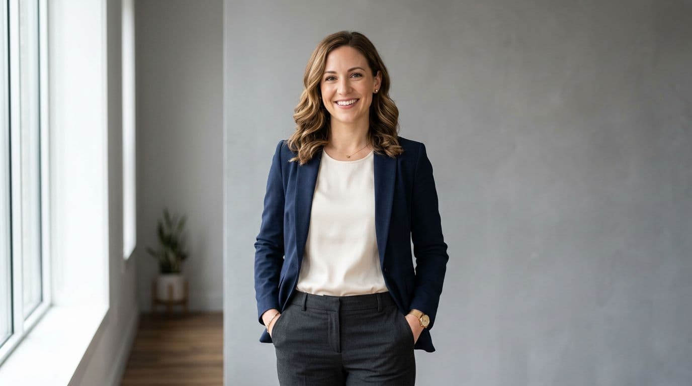 A professional in business casual attire stands confidently with a natural smile in a bright modern Cherry Hill, NJ studio for a personal branding headshot session. Soft window light illuminates the face evenly against a clean neutral gray background, with relaxed hands and high-detail photorealistic style.