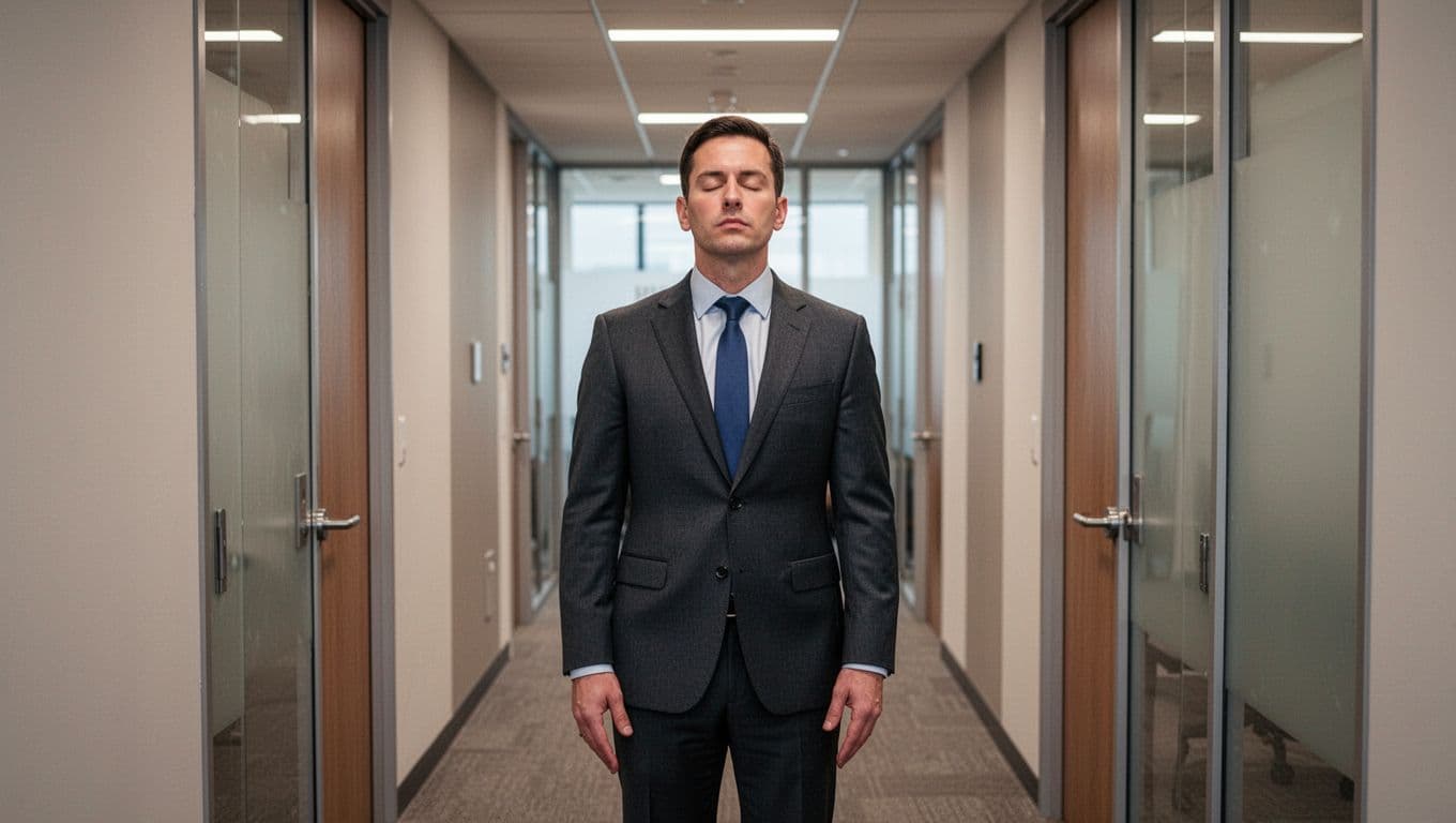 A confident CEO stands in an office hallway before entering a meeting room, eyes closed performing a box breathing exercise with hands relaxed at sides, wearing a professional suit under soft corridor lighting in realistic style.