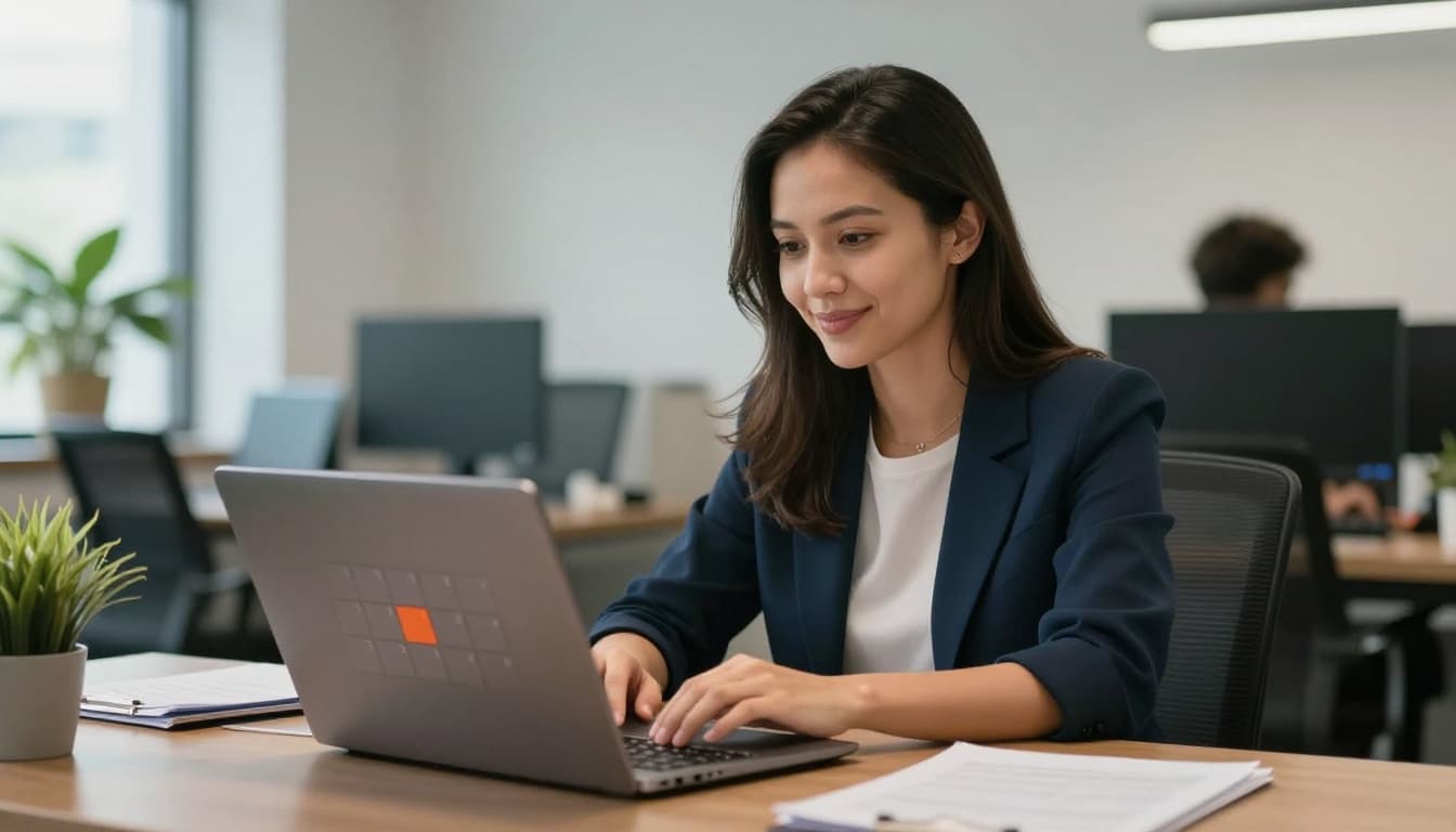A confident female CEO in a modern office examines her digital calendar on a laptop, highlighting free time blocks for breaks and offline periods in a calm environment with soft natural light and a nearby plant. She smiles lightly relaxed, with a blurred background showing a remote team on smaller screens.