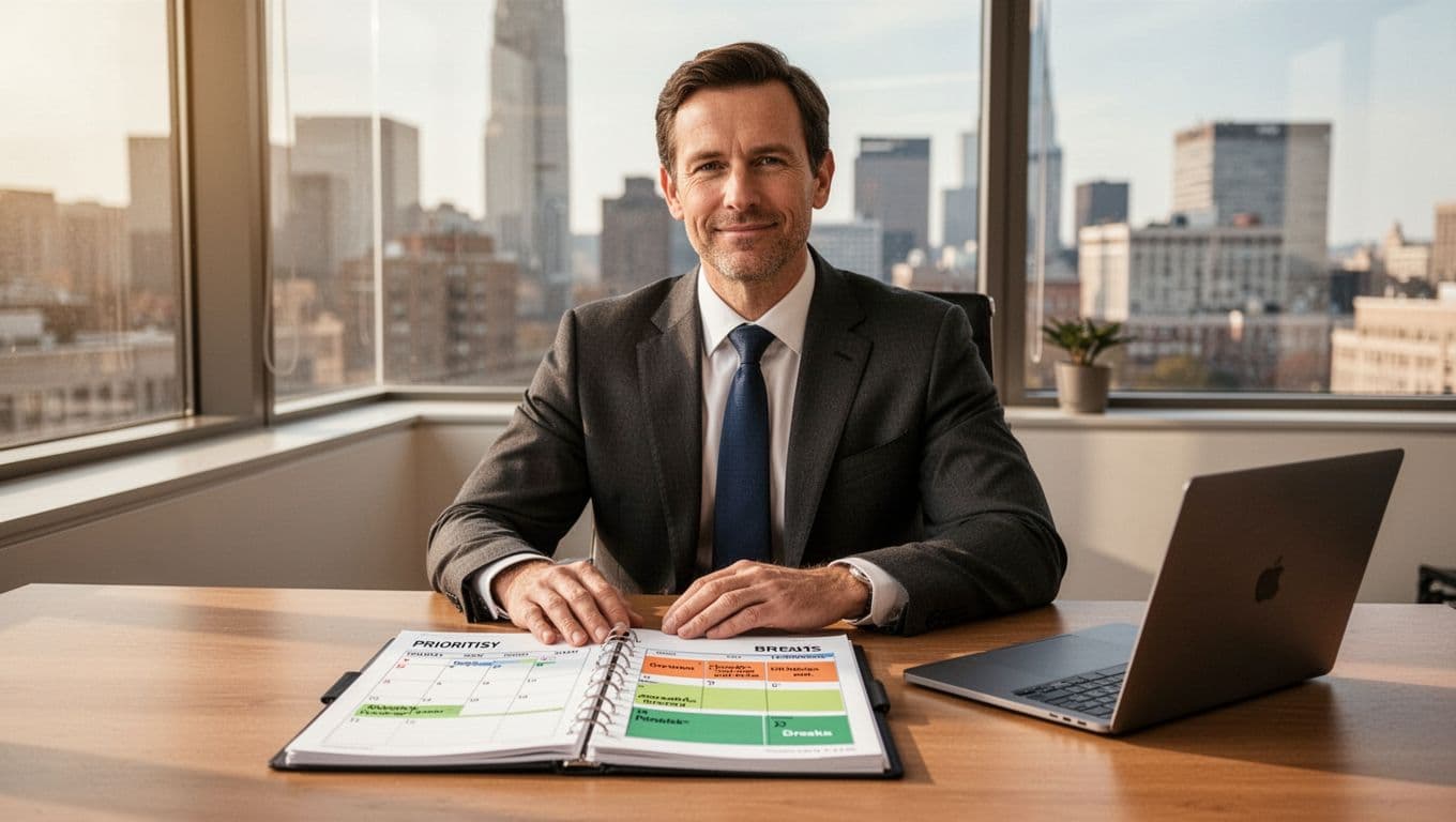 A confident CEO sits calmly at a desk in a modern office with an open planner displaying priorities and calendar blocks for breaks, under soft natural light from a window. The relaxed posture, closed laptop, and city view background create a professional, distraction-free scene in realistic style with warm tones.