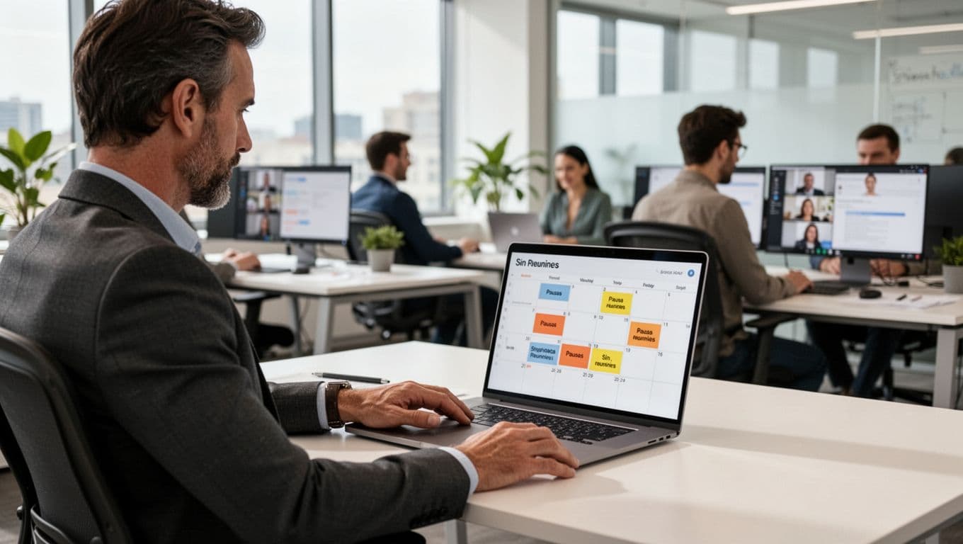 A confident CEO sits relaxed at a modern desk in a bright office, reviewing a laptop screen showing a calendar with scheduled breaks and no meetings. The serene background features remote team members working calmly, highlighting a productive work-life balance environment.