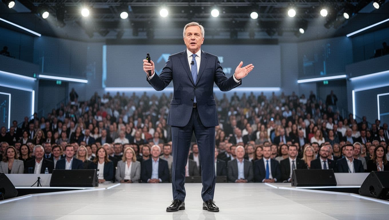 Confident middle-aged CEO in suit speaks energetically on modern conference stage, gesturing with wireless microphone, blurred large audience in background, bright lighting.